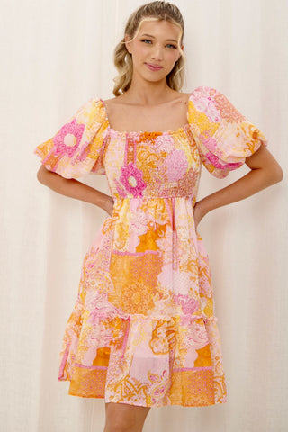 Lena Shirred Mini Dress - Pink/Orange Dresses Jaase