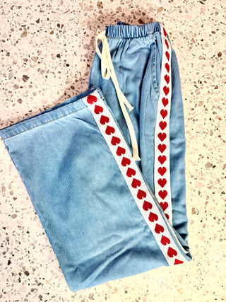 Light Denim Heart Racer Pants - By Frankie Bottoms BY FRANKIE