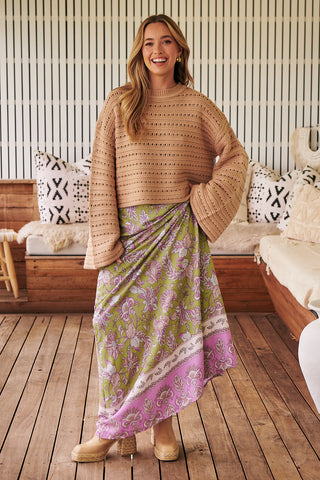 Shaya Maxi Skirt - Khaki/Purple Bottoms Jaase