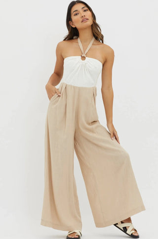 Liesel Linen Jumpsuit - Beige/White Jumpsuits Indikah