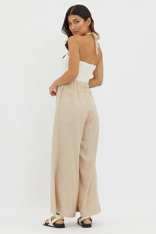 Liesel Linen Jumpsuit - Beige/White Jumpsuits Indikah