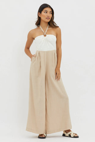 Liesel Linen Jumpsuit - Beige/White Jumpsuits Indikah