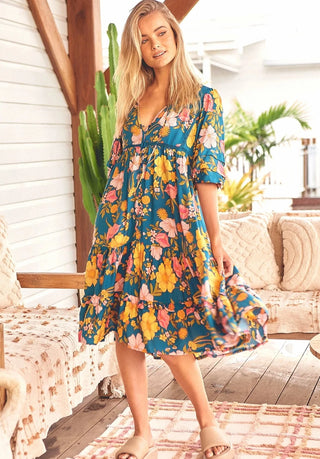 Lily Midi Dress - Teal/Yellow/Pink Dresses Jaase