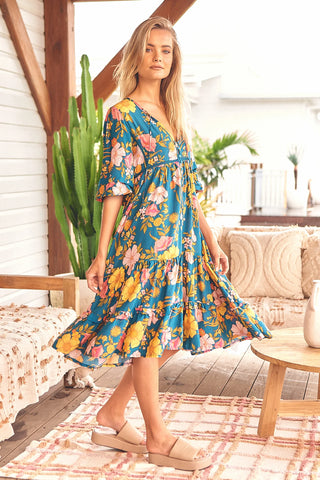 Lily Midi Dress - Teal/Yellow/Pink Dresses Jaase