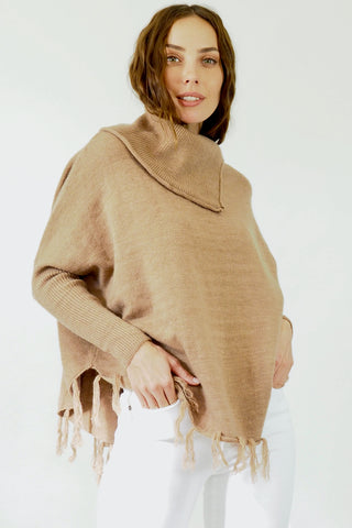 Taylor Tassel Poncho- Beige Tops Sage Collective
