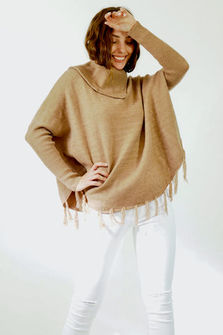 Taylor Tassel Poncho- Beige Tops Sage Collective