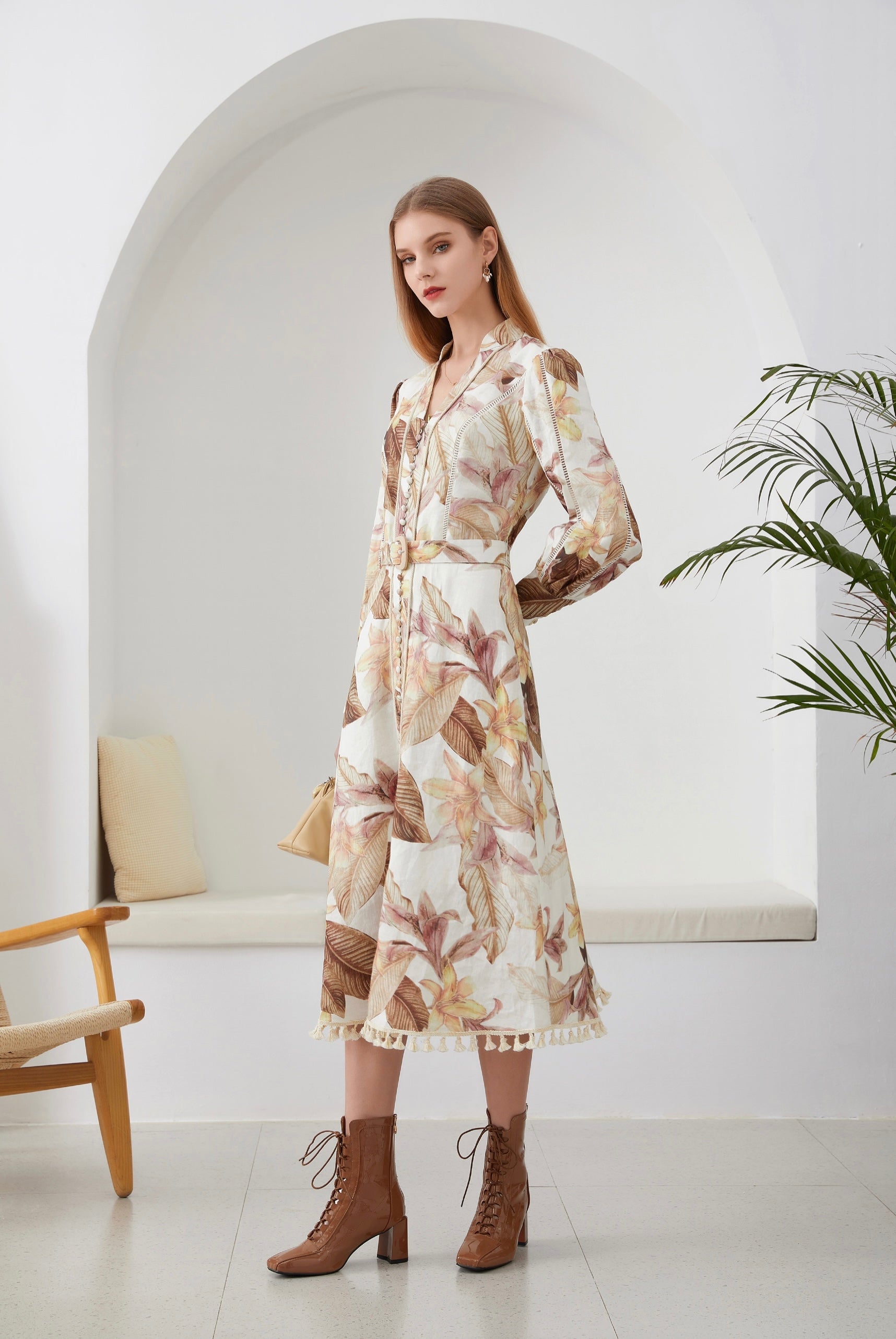 GDS Clare Linen Midi Dress - Brown/Beige XS GDS Clare Linen Midi Dress - Brown/Beige XS