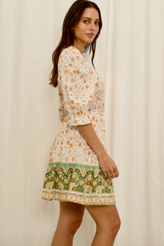 Marla Shirred Mini Dress - Orange/Green Dresses IRIS MAXI