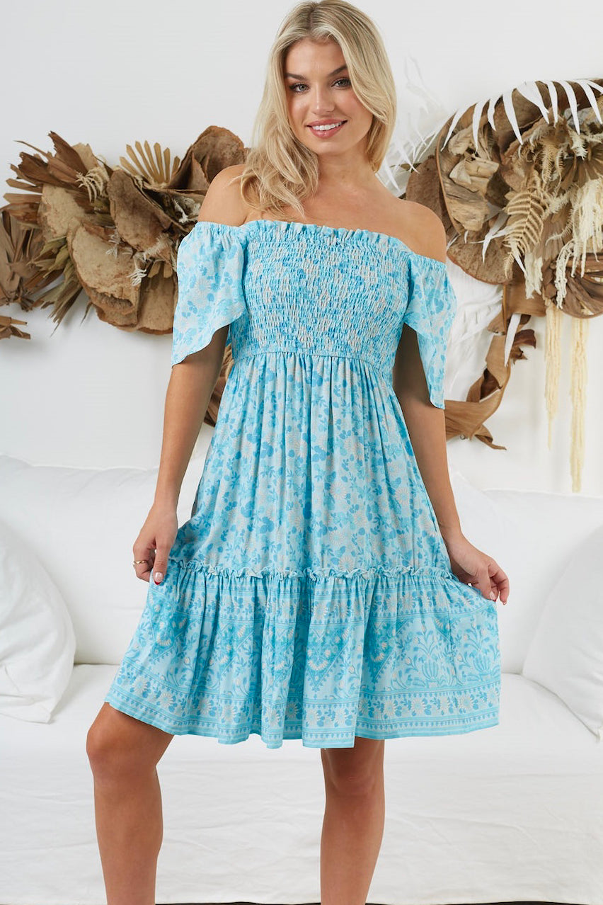 Nina Shirred Mini Dress - Aqua/Beige Sage Collective Nina Shirred Mini Dress - Aqua/Beige Sage Collective