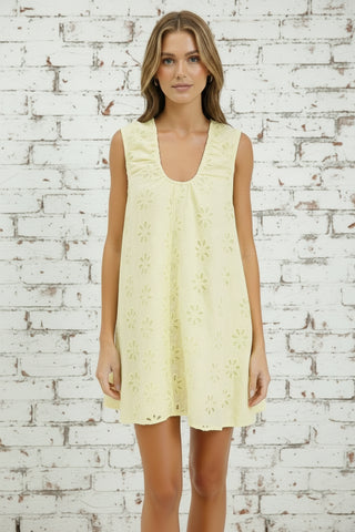 Taline Yellow Cotton Embroidered Mini Dresses Du Soleil
