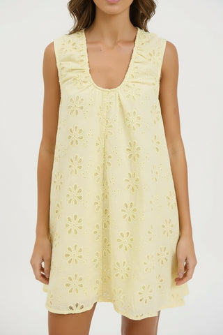 Taline Yellow Cotton Embroidered Mini Dresses Du Soleil
