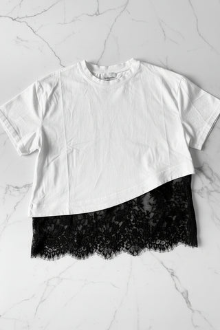 White Tee With Black Lace Trim - By Frankie TOPS By Frankie
