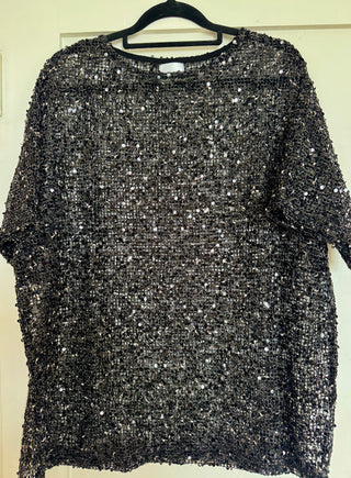 Sienna Black Sequins Mesh Tee - By Frankie Tops By Frankie