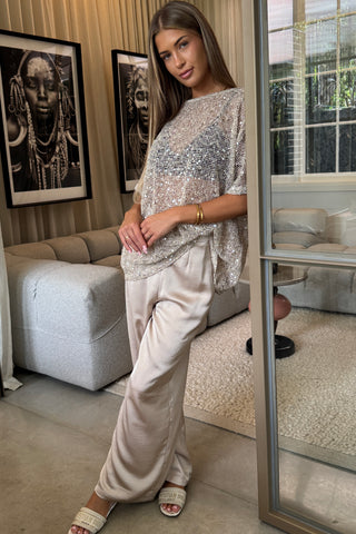 Sienna Sequins Cream/Beige Mesh Tee - By Frankie Tops By Frankie