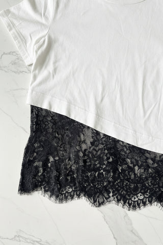 White Tee With Black Lace Trim - By Frankie TOPS By Frankie