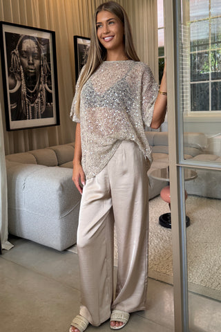 Sienna Sequins Cream/Beige Mesh Tee - By Frankie Tops By Frankie