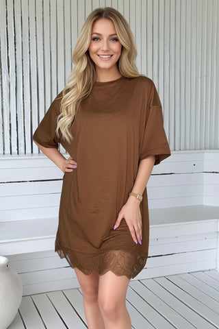 Caramel Brown Oversized Tee With Lace Skirt - By Frankie Dresses By Frankie