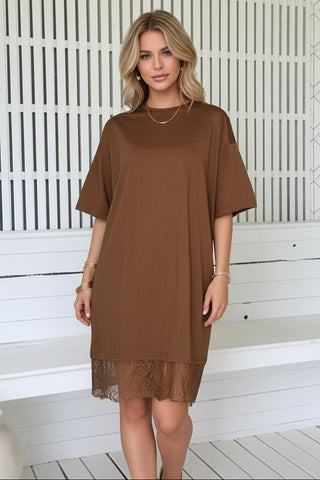 Caramel Brown Oversized Tee With Lace Skirt - By Frankie Dresses By Frankie