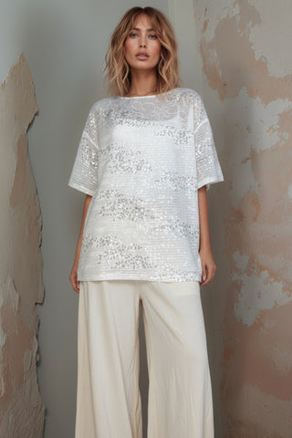 Arla Cream Sequins Tee - By Frankie Tops By Frankie