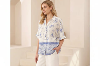 Phoenix Print Shirt - White/Blue Tops IRIS MAXI