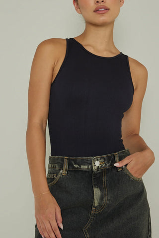 Black Ribbed Bodysuit Tops Indikah
