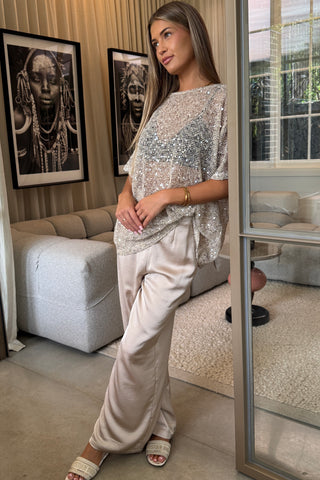 Sienna Sequins Cream/Beige Mesh Tee - By Frankie Tops By Frankie