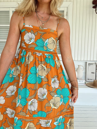 aqua and orange dress Orange And Aqua Abstract Chiffon Midi Dress