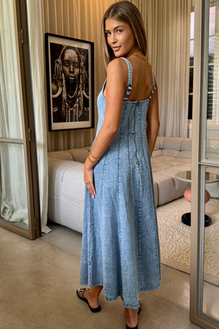 Tina Denim Dress - Washed Denim Blue Dresses Pink Diamond