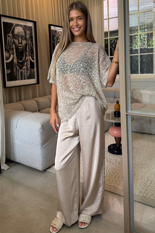 Sienna Sequins Beige Mesh Tee - By Frankie