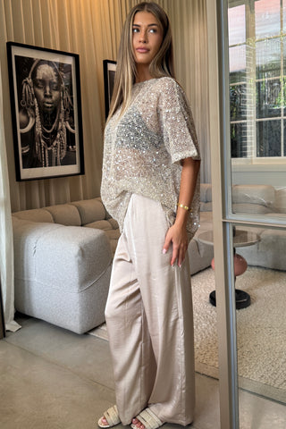 Sienna Sequins Cream/Beige Mesh Tee - By Frankie Tops By Frankie