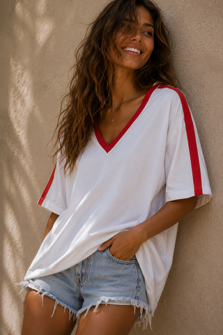 Basic White Tee With Red Stripe Tops Ebby and I