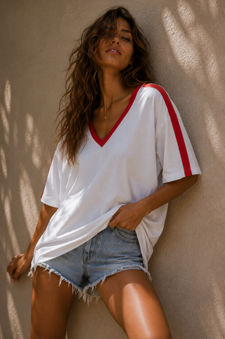 Basic White Tee With Red Stripe Tops Ebby and I