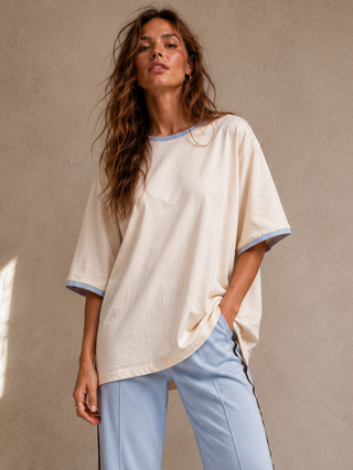 Basic Cream Tee With Blue Stripe Tops Ebby and I
