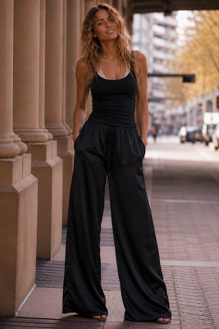 Vana Black Satin Wide leg Pants - By Frankie Bottoms BY FRANKIE
