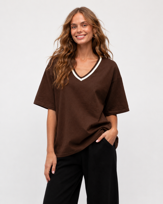 Knit Brown Tee With Contrast V Tops Ebby and I
