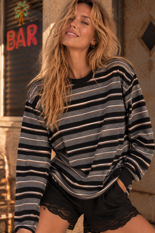 Rae Black/Grey Stripe Long Sleeve Top - By Frankie TOPS By Frankie