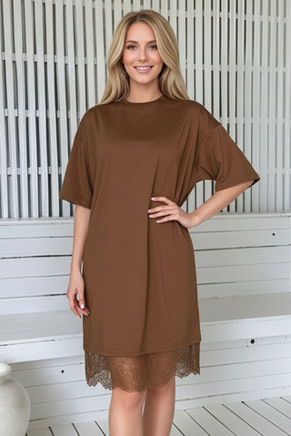Caramel Brown Oversized Tee With Lace Skirt - By Frankie Dresses By Frankie