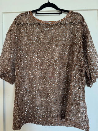 Sienna Brown Sequins Mesh Tee - By Frankie