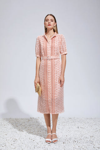 Elle Linen Embroidered Midi Dress - Pink Dresses GDS   