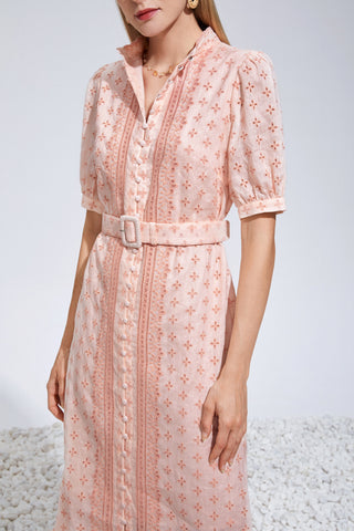 Elle Linen Embroidered Midi Dress - Pink Dresses GDS   