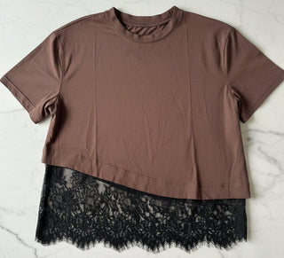Brown Tee With Black Lace Trim - By Frankie TOPS By Frankie