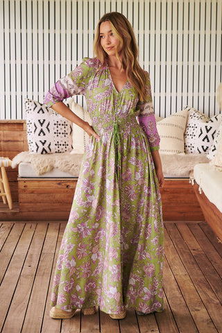 Shaya Maxi Dress - Khaki/Purple Dresses Jaase   