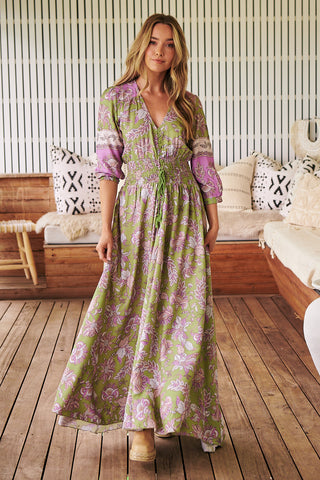 Shaya Maxi Dress - Khaki/Purple Dresses Jaase   