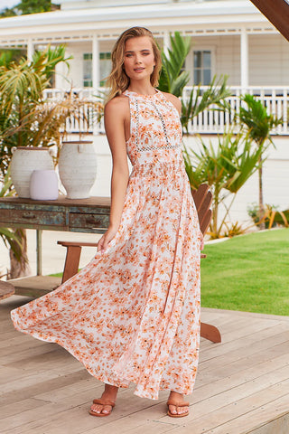 Mya Halter Neck Maxi - Orange/White Dresses Jaase