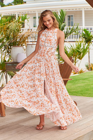 Mya Halter Neck Maxi - Orange/White Dresses Jaase