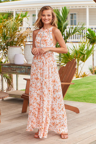 Mya Halter Neck Maxi - Orange/White Dresses Jaase