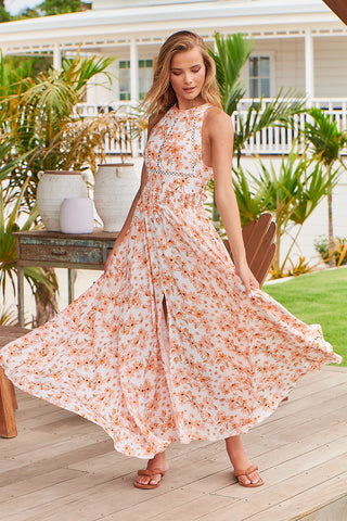 Mya Halter Neck Maxi - Orange/White Dresses Jaase