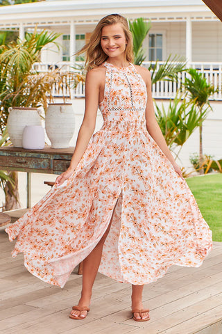 Mya Halter Neck Maxi - Orange/White Dresses Jaase