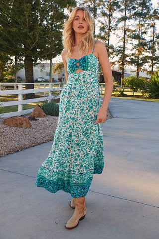Henley Linen Maxi Dress - Emerald/White Dresses Jaase   