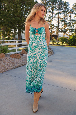 Henley Linen Maxi Dress - Emerald/White Dresses Jaase   